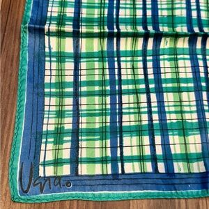 Vera Silk Vintage 70’s Plaid Stripes Blue Green White Scarf 22” x 21”